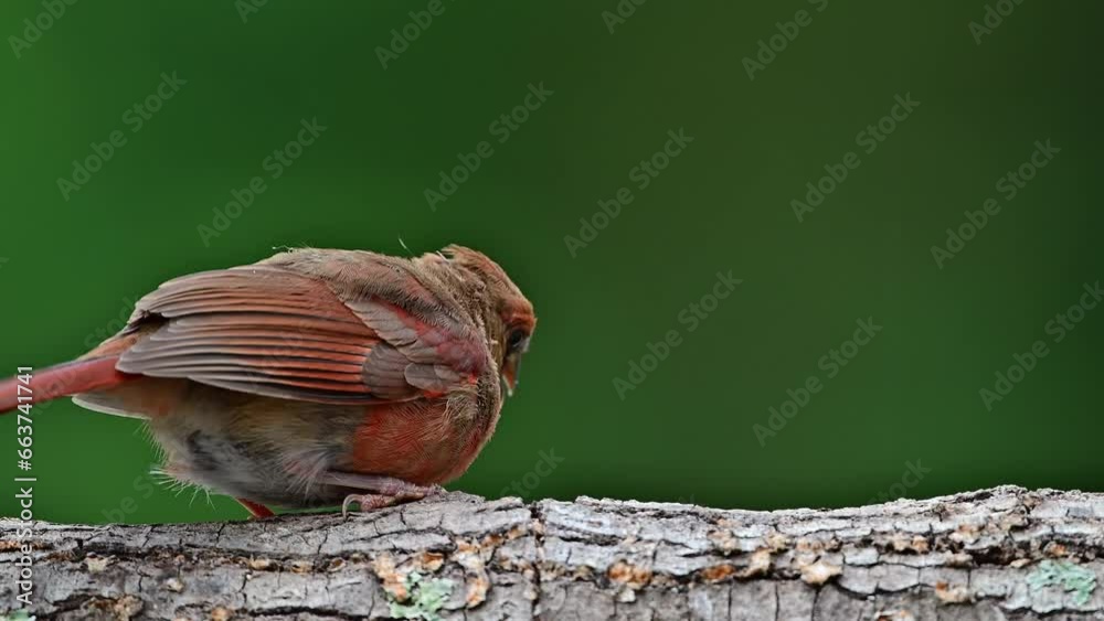 Two Female Cardinals feeding a fledgling on a dead log fallen in the woods 