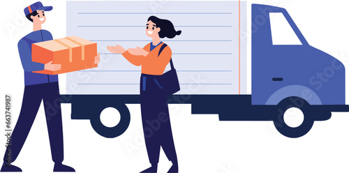 Hand Drawn Delivery man with delivery truck in flat style