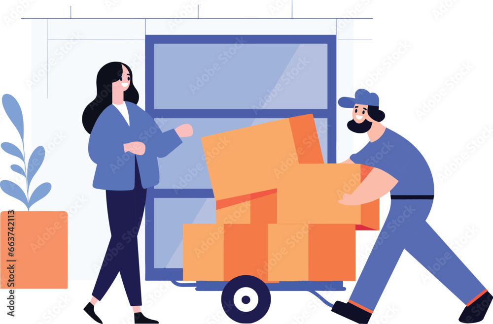 Hand Drawn a delivery man is delivering a package to a customer in flat style Hand Drawn a delivery man is delivering a package to a customer in flat style