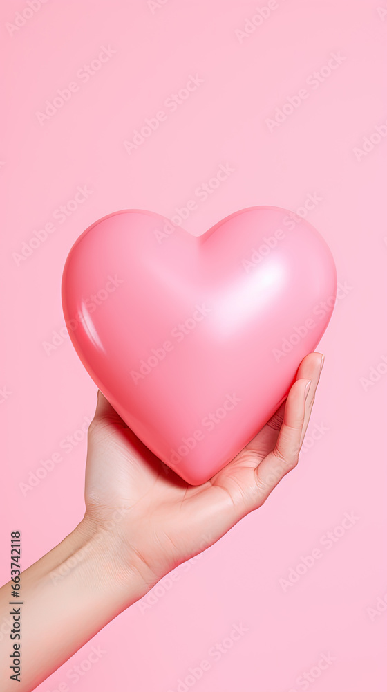 hand holds a heart love shape on a pink background hand holds a heart love shape on a pink background