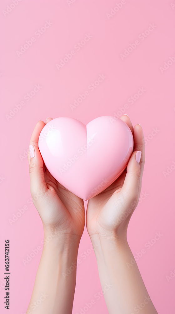 hand holds a heart love shape on a pink background hand holds a heart love shape on a pink background