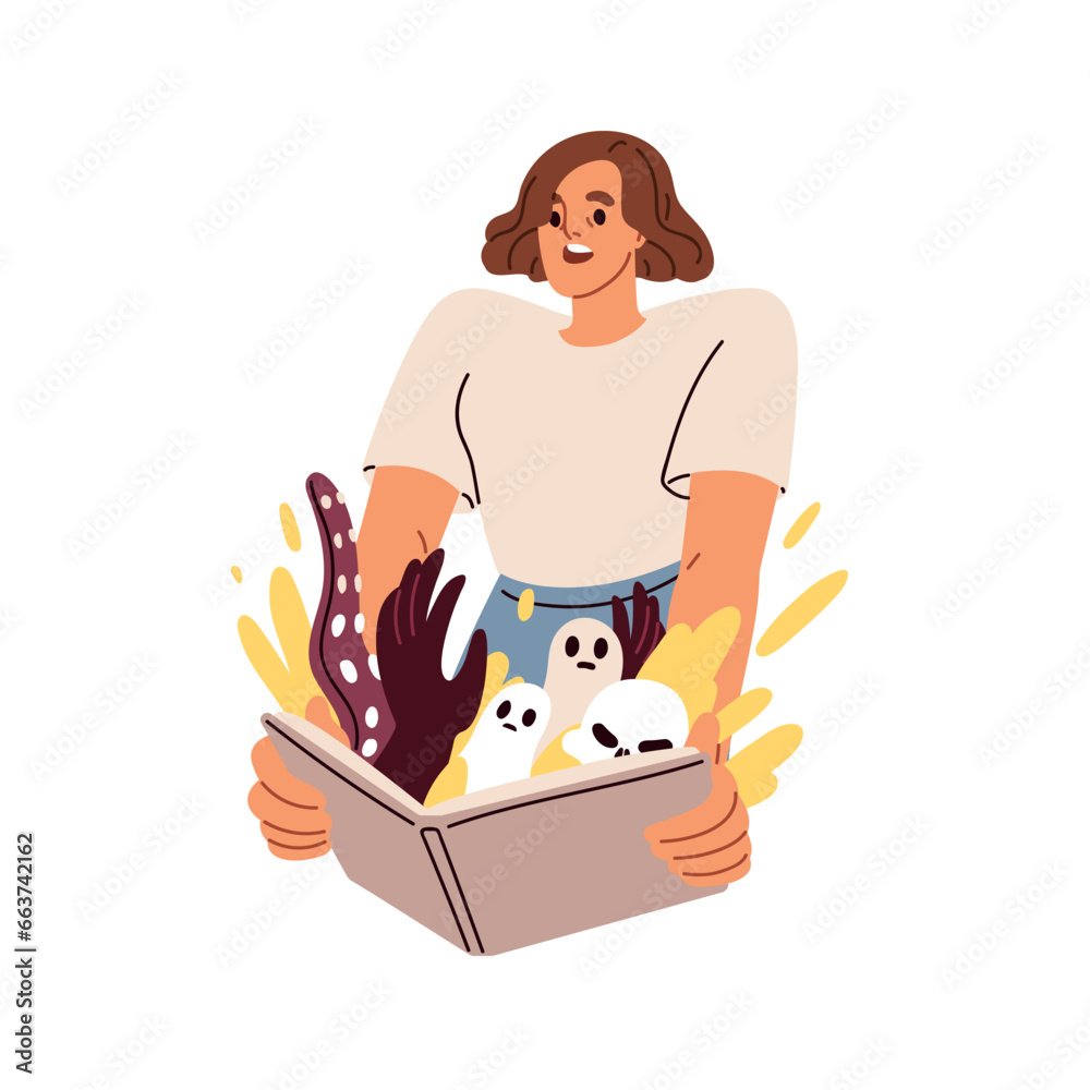 Person reading horror book, scary fiction story. Scared afraid woman holding fantasy literature. Monsters and ghosts in imagination concept. Flat vector illustration isolated on white background