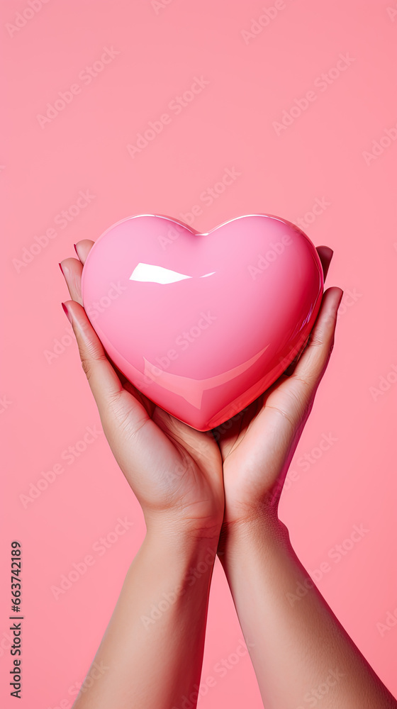 hand holds a heart love shape on a pink background hand holds a heart love shape on a pink background