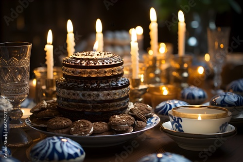 Decorated Hanukkah table with a menorah, gelt and festive blue and white decorations