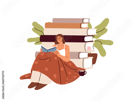 Woman reading fiction book. Happy girl reader, bookworm under cozy blanket, literature stack. Tiny person relaxing with open interesting novel. Flat vector illustration isolated on white background