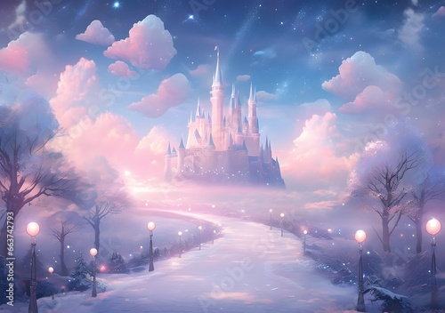 Fantasy winter landscape with old castle at night