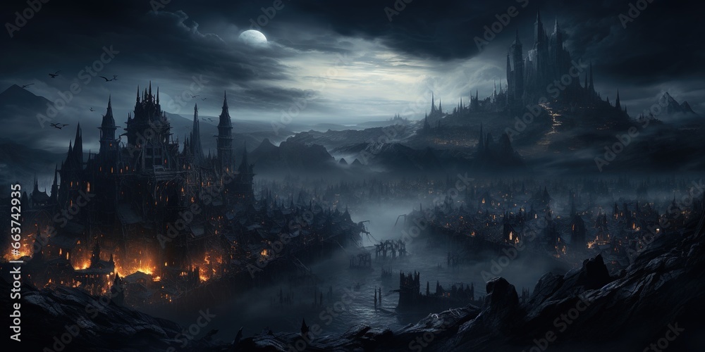 Obraz premium A dark gothic city with mist at night