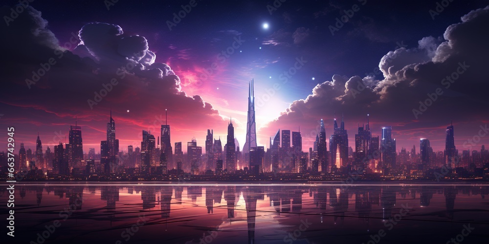A futuristic night city in the distance glowing with neon light. Surrealistic skyscrapers. Cyberpunk, immersive world of the metaverse.