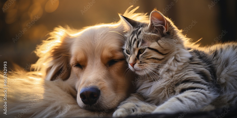 A heartwarming photograph of a cat and a dog peacefully cuddling together, symbolizing the potential for harmony between different animals on International Cat Day A heartwarming photograph of a cat and a dog peacefully cuddling together, symbolizing the potential for harmony between different animals on International Cat Day