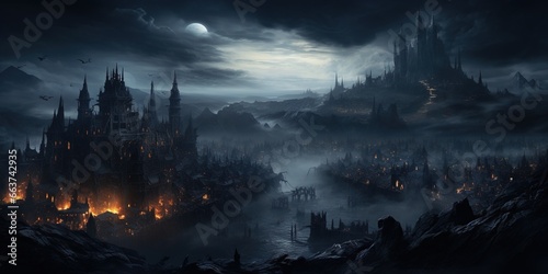 Fototapeta Naklejka Na Ścianę i Meble -  A dark gothic city with mist at night