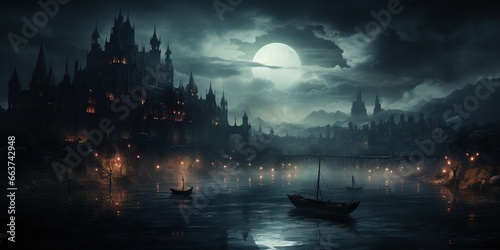 A dark gothic city with mist at night