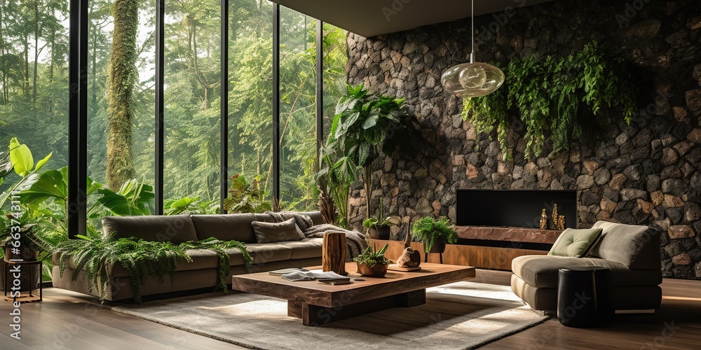 A living room with a large wall that has a plant in it and a couch.