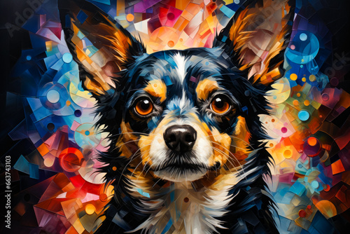 Close up of dog's face on colorful background. © valentyn640