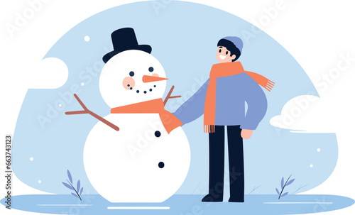 Hand Drawn Child character playing with snowman in winter in flat style
