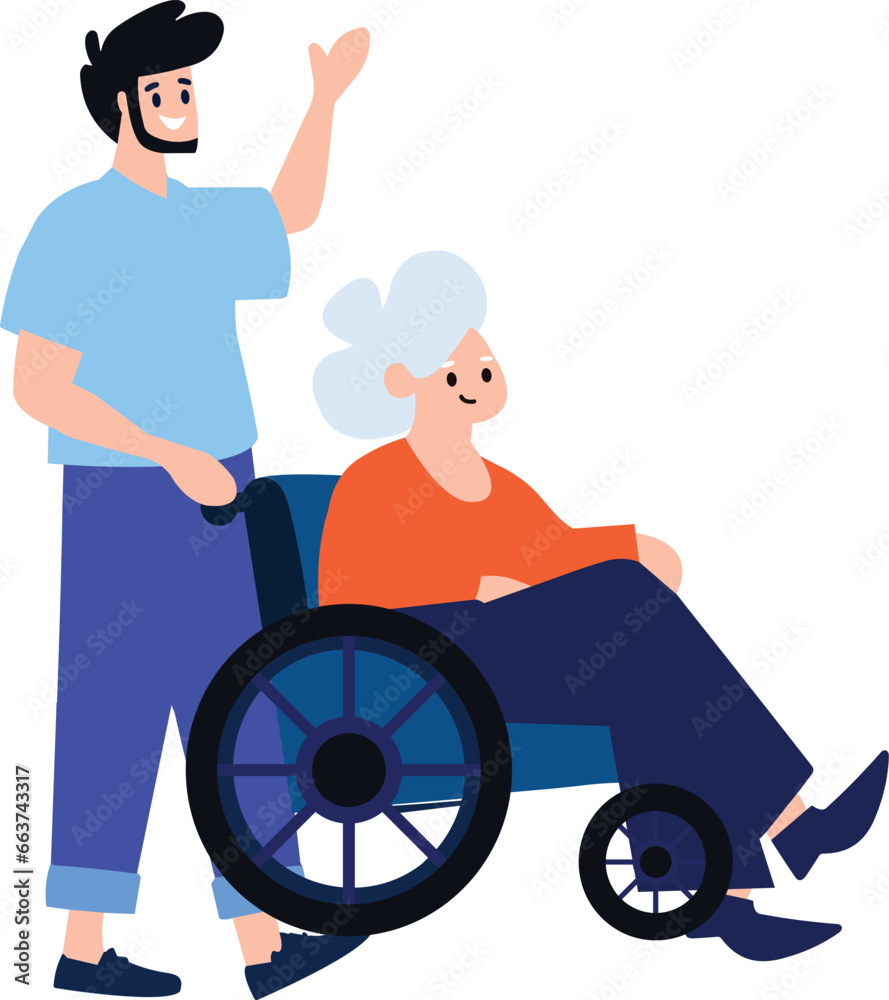 Hand Drawn Elderly person sitting in a wheelchair and child in flat style Hand Drawn Elderly person sitting in a wheelchair and child in flat style