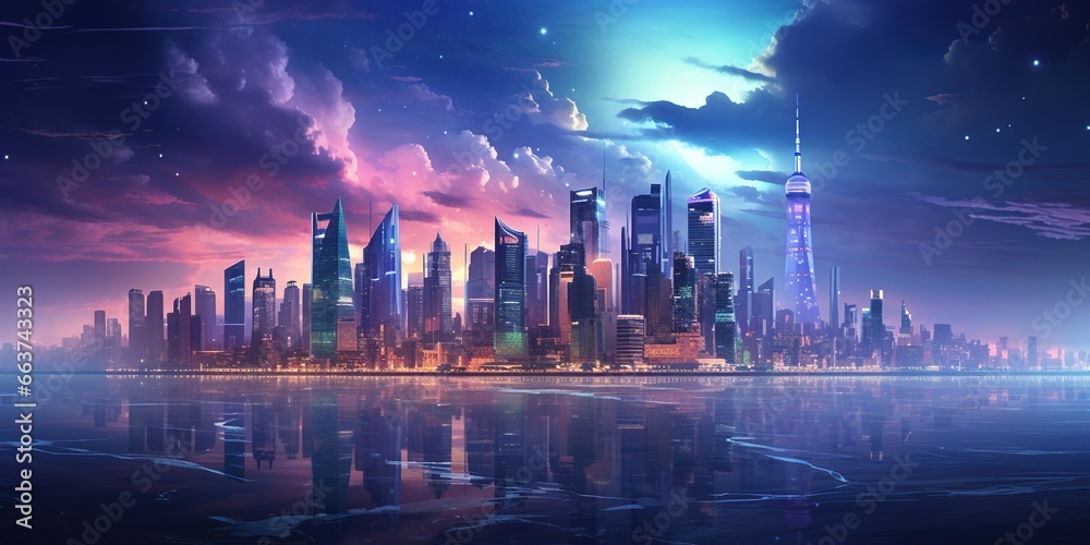 Fototapeta premium Beautiful neon night in a cyberpunk city. Illustration of the futuristic city skyscraper.