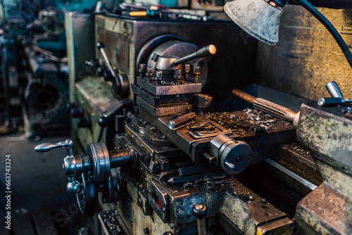 Old equipment, machines, tools in a rustic style in an abandoned mechanical factory