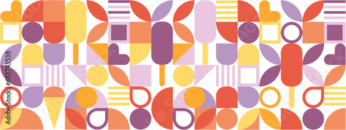 geometric retro pattern in delicate colors, pattern of geometric shapes of hearts and ice cream, seamless pattern for wrapping paper and fabric