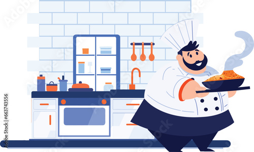 Hand Drawn Chef is cooking in the kitchen in flat style