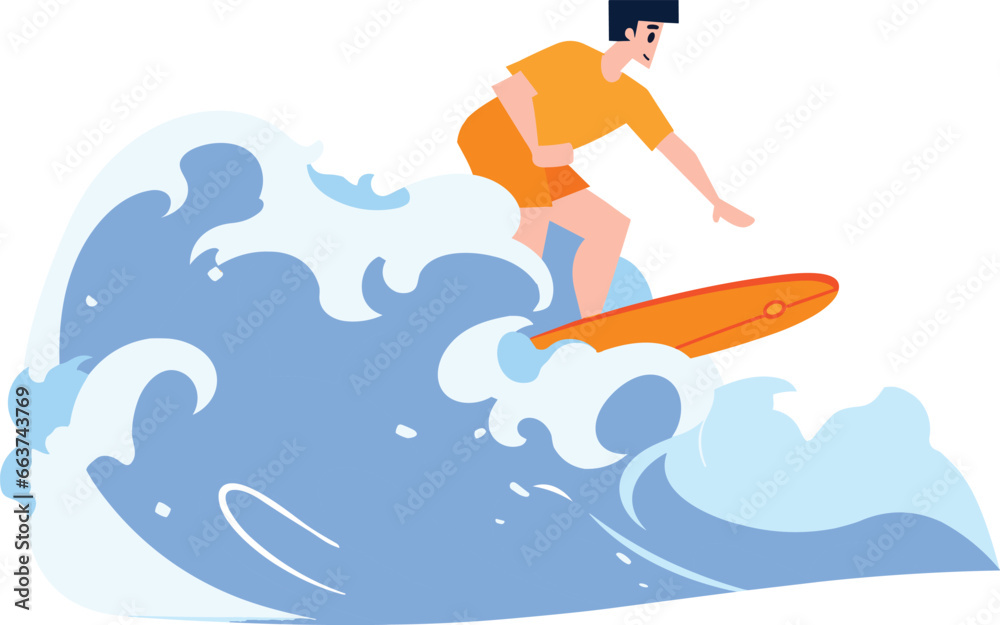 Hand Drawn Tourist teen characters are playing surfboards at the sea in flat style
