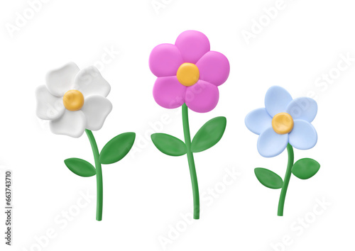 Plasticine flowers with leaves on stem. 3d vector illustration. Simple volumetric children's crafts. Purple, blue, white floral plant. Bloom in clay material. Creative spring and summer garden element photo