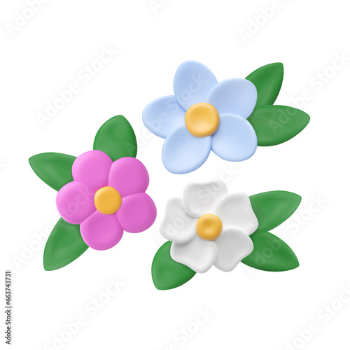 3D Plasticine flowers bud with leaves. Simple volumetric children's crafts. Purple, blue, white floral plant. Bloom in clay material. Creative spring and summer garden element. Vector illustration