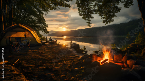 An exquisite shot of a riverside campsite as the sun sets, featuring a crackling campfire, a cozy tent, and a tranquil river view. Perfect for capturing the serenity of nature. © CanvasPixelDreams