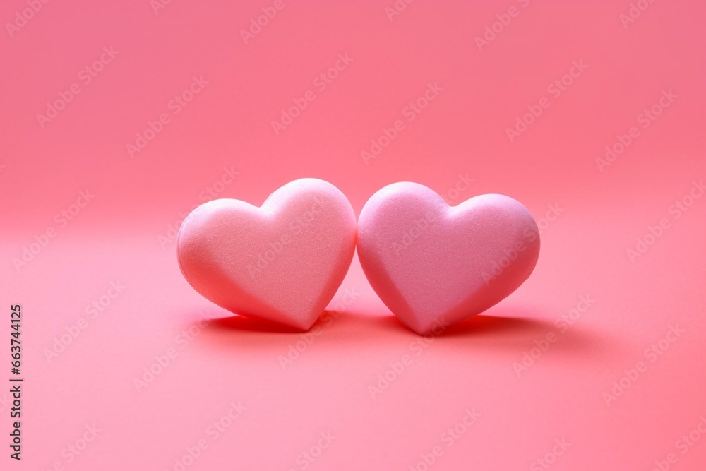 Two heart-shaped candies on a pink surface with a light pink border and a pink background with a light pink border. Generative AI