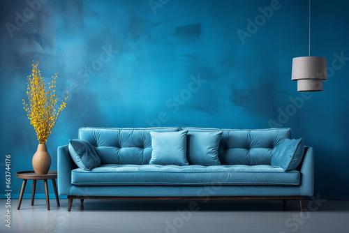 Soft sofa on a background of blue wall front view, concept of a modern minimalist interior.