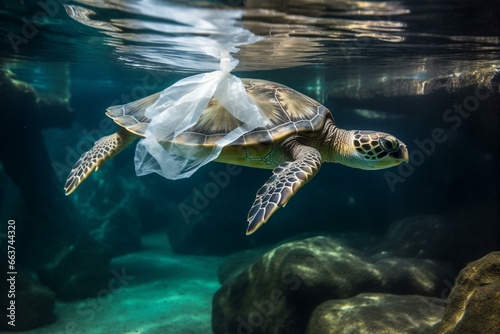 An aquatic turtle swims alongside a plastic bag. Generative AI © Altair