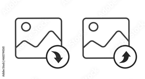 Photo image picture file upload icon vector line outline art, share download button graphic thin linear stroke design, illustration import export ui element simple pictogram web clipart