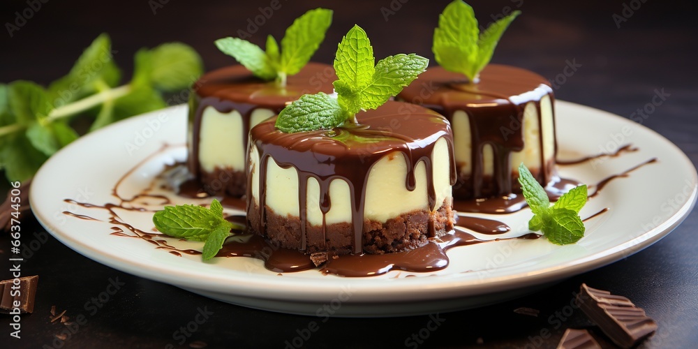 Mini cheesecake with chocolate icing and mint on a white plate. Mini cheesecake with chocolate icing and mint on a white plate.