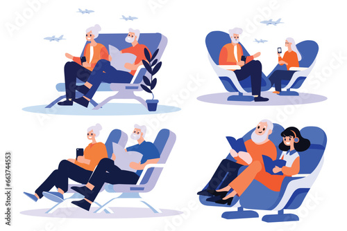 Hand Drawn Elderly couple sitting on a plane to travel in flat style
