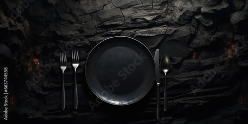Mockup - empty black plate with cutlery on a dark underground photo