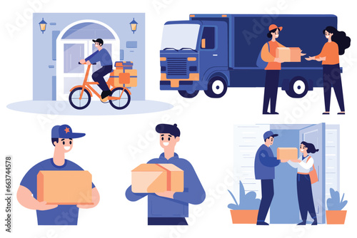 Hand Drawn a delivery man is delivering a package to a customer in flat style