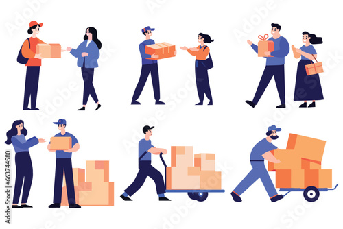 Hand Drawn a delivery man is delivering a package to a customer in flat style