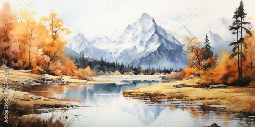 Mountains, forests, and a lake in a watercolor scene, Autumn landscape photo
