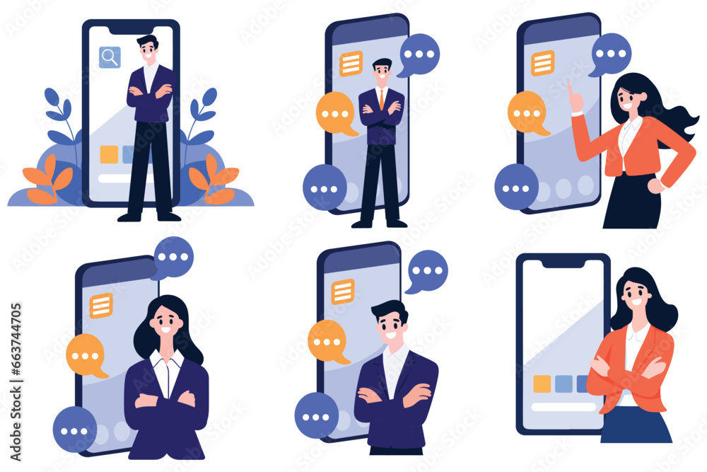 Hand Drawn Businessman with smartphone in online business concept in flat style Hand Drawn Businessman with smartphone in online business concept in flat style