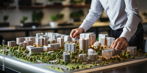 Real estate development. businessman or architect showing new business office complex scale model