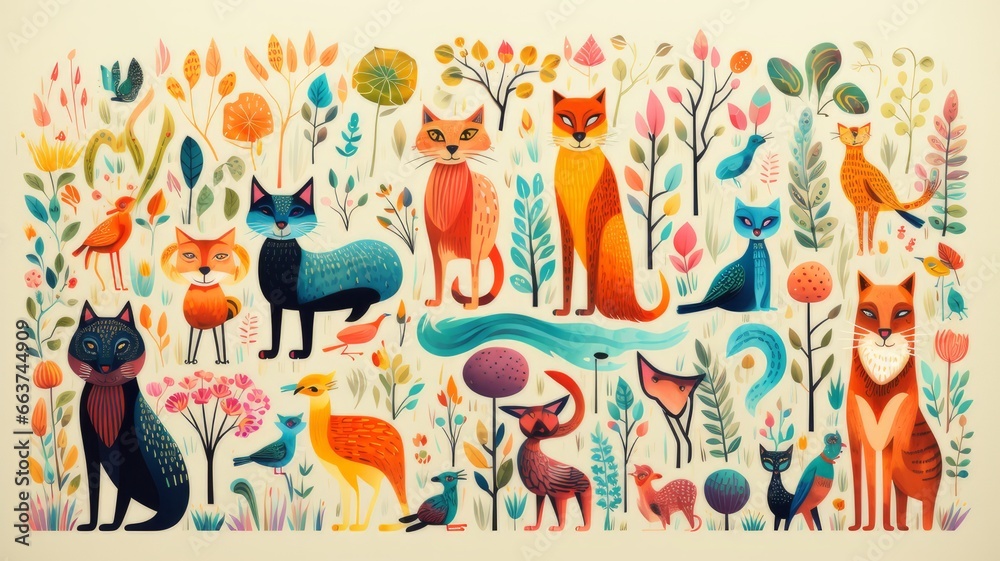 Whimsical Animal Characters in Colorful Flat Art