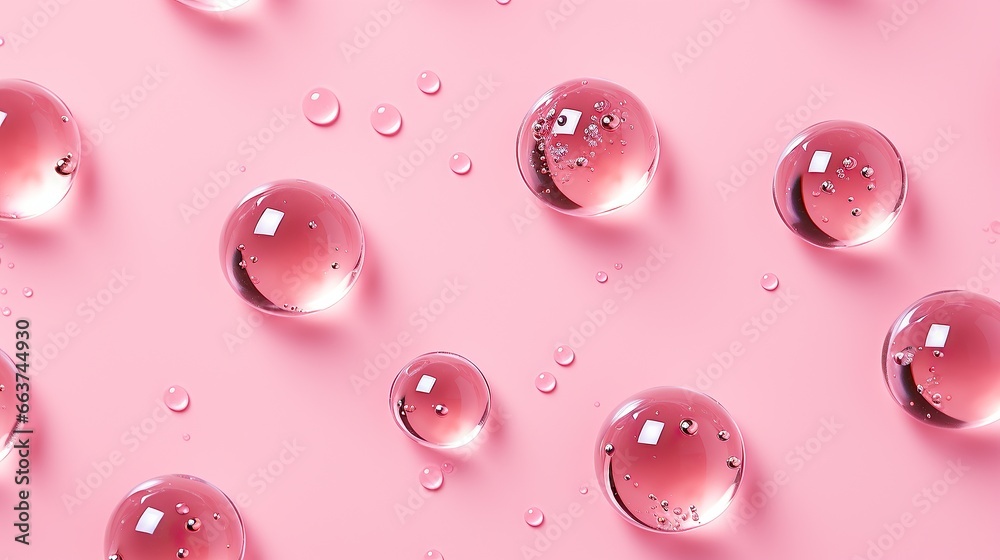 Round drops of transparent serum gel on pink background. - obrazy, fototapety, plakaty 