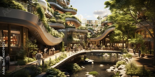 Sustainable urban design featuring eco - friendly elements.