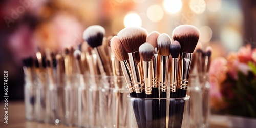 Various professional make - up brushes of a makeup artist in a transparent glass on a light blurred background. photo