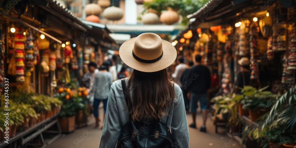 Woman traveler with backpack and hat sightseeing through the streets and street food stall markets in Asia. - obrazy, fototapety, plakaty 