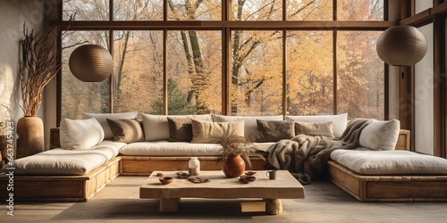 Wide angle of japandi living room interior decor, no people