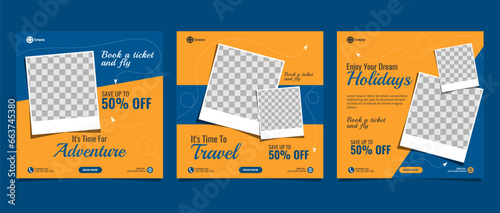Travel business promotion web banner template design for social media marketing, tour advertising, banner offer, and and sale promo