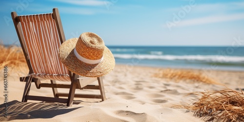 A beach chair with a straw hat on top of it.