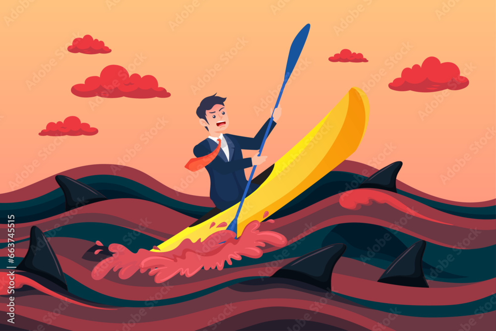 Businessman in kayak trying to survive in red ocean with sharks, red ocean market, high competition industry with too many competitors, intense market with challenge or difficult to success (Vector) Businessman in kayak trying to survive in red ocean with sharks, red ocean market, high competition industry with too many competitors, intense market with challenge or difficult to success (Vector)