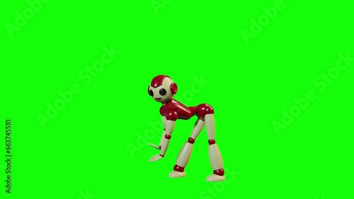 Smiling happy toy robot dancing 3d render green screen loop seamless