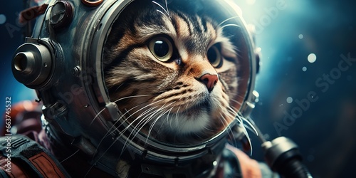 A cat in a spacesuit in outer space. Banner, copy space.